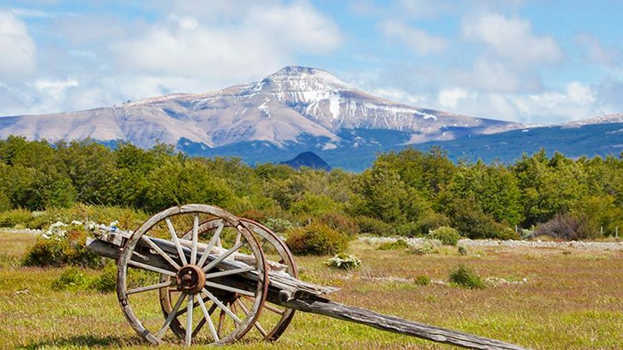 antiguo carro frente al bosque y al fondo un cerro nevado de los Andes