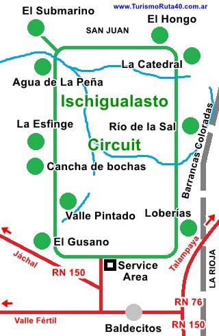 Map of Parque Ischigualasto with the circuit and landmarks