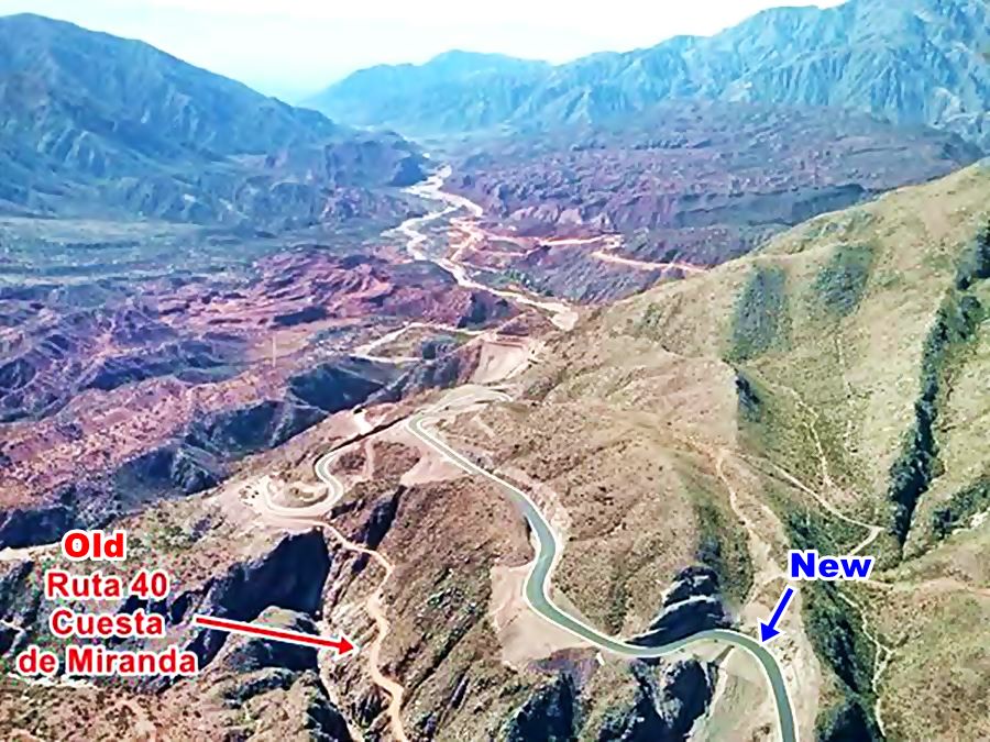air view of the two alignments, old and new of Ruta 40 at the Cuesta de Miranda