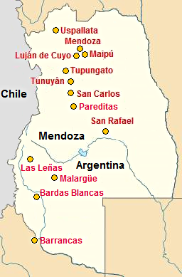 Map with some towns in Mendoza Province