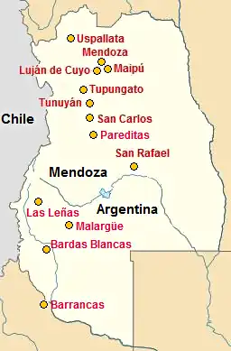 Mapa con algunas localidades de Mendoza