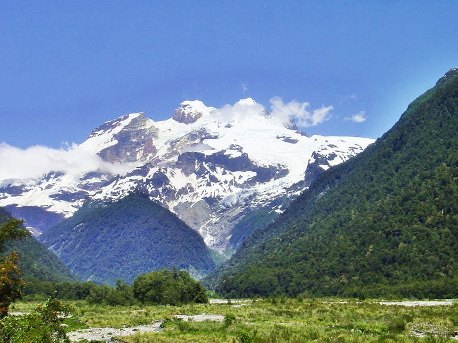 Glacier capped Mount Tronador stands out among forested mountains