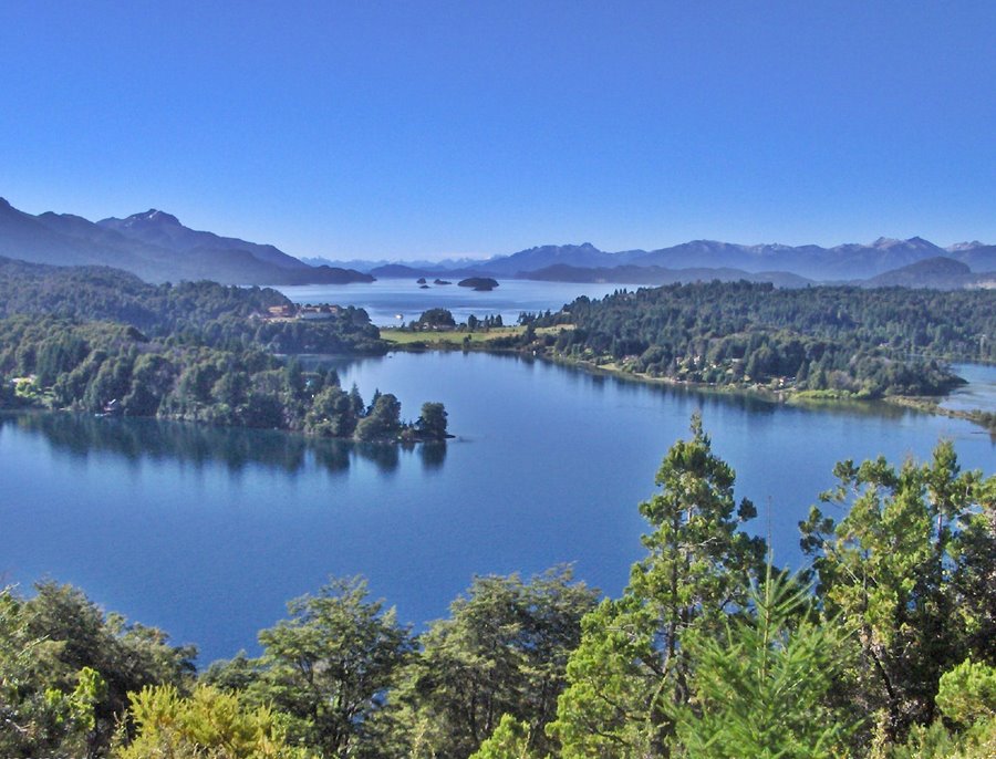 Scenic outlook over lakes Moreno and Nahuel Huapi, forest, mountains and blue lakes