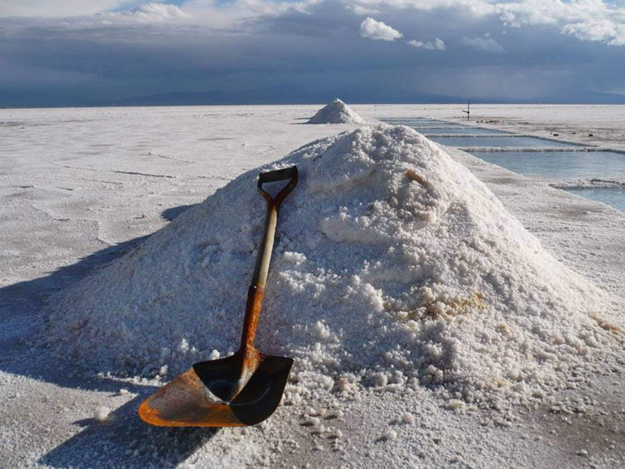 rusty shovel and mound of salt at Salinas Grandes